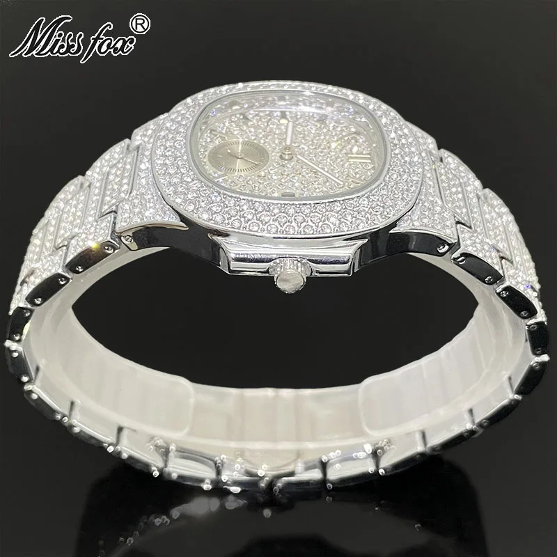 Imagem -02 - Missfox-luxo Masculino Iced Out Relógio de Diamante Relógios Automáticos de Data Relógio de Pulso de Quartzo Impermeável Moda Masculina