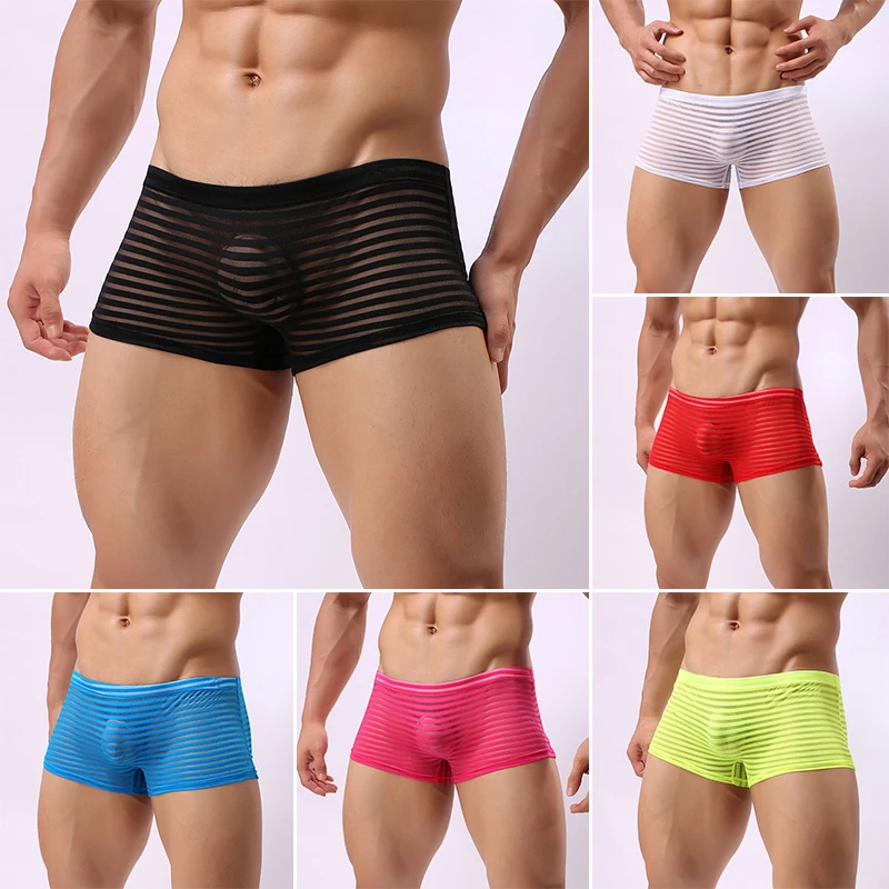 Sexy Mesh Boxer de cintura baixa e transparente cuecas masculinas, cuecas ocas, shorts listras, calcinha da moda