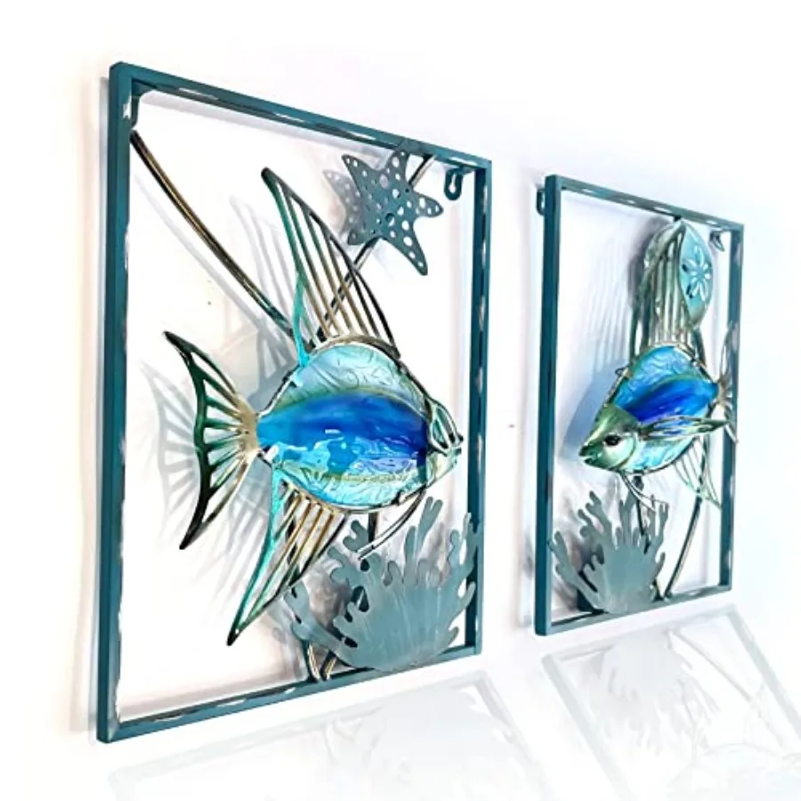 

Metal Fish Wall Decor with Frame-Outdoor Wall Art, Wall Decor with LED Fairy Lights, Fish Glass Art Wall Sculpture for Patio, B