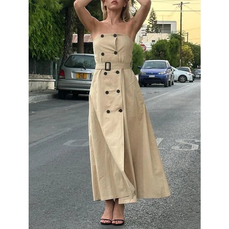 الكاكي ألف خط أنبوب فساتين امرأة 2026 أنيق تقسم مزدوجة الصدر جيوب تعادل الخصر حفلة عيد ميلاد فستان طويل أنيق 77615