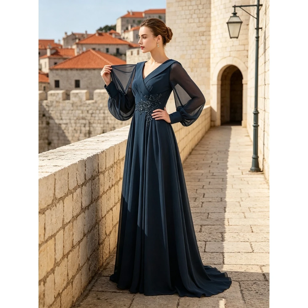 Customized V-neck Long Sleeved Chiffon Evening Gown 2026 Simple Waist Cinched A-line Bridal Dress Elegant Suitable for Parties