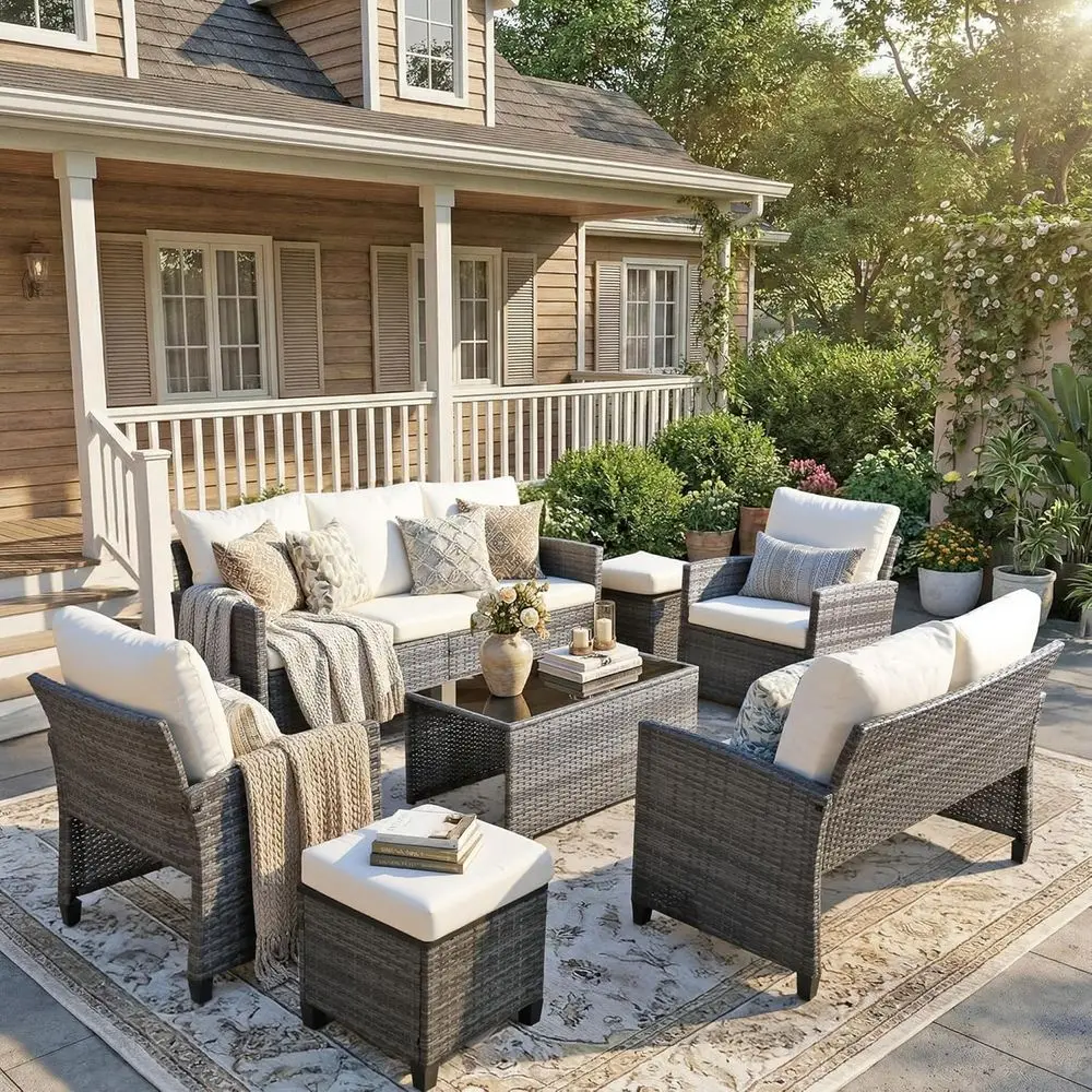 

7-Piece Outdoor Sectional Wicker Patio Furniture Set with Ottomans, 3-Seat Sofa and Coffee Table for Space-Saving Backyard, Porc
