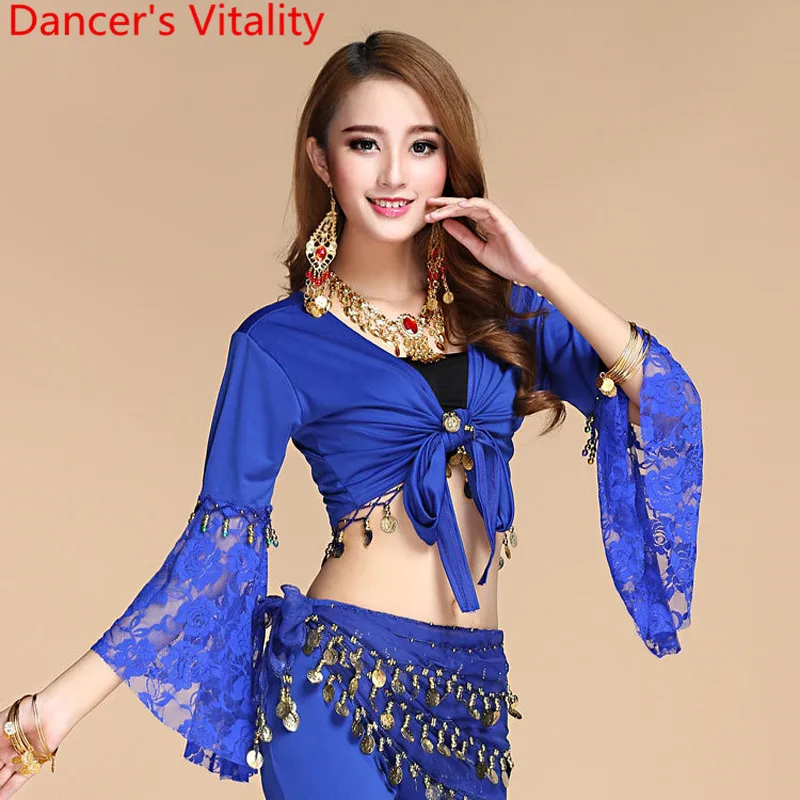 New Belly dance top Lace belly dance Flared Sleeve Cut out bandage top Oriental dance training top Indian dance Clothes costumes