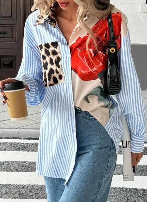 

Autumn Women's Leisure Vacation Personalized Fashion Style Printed Striped Patchwork Shirt with Lapel and Slim Button Up Shirt