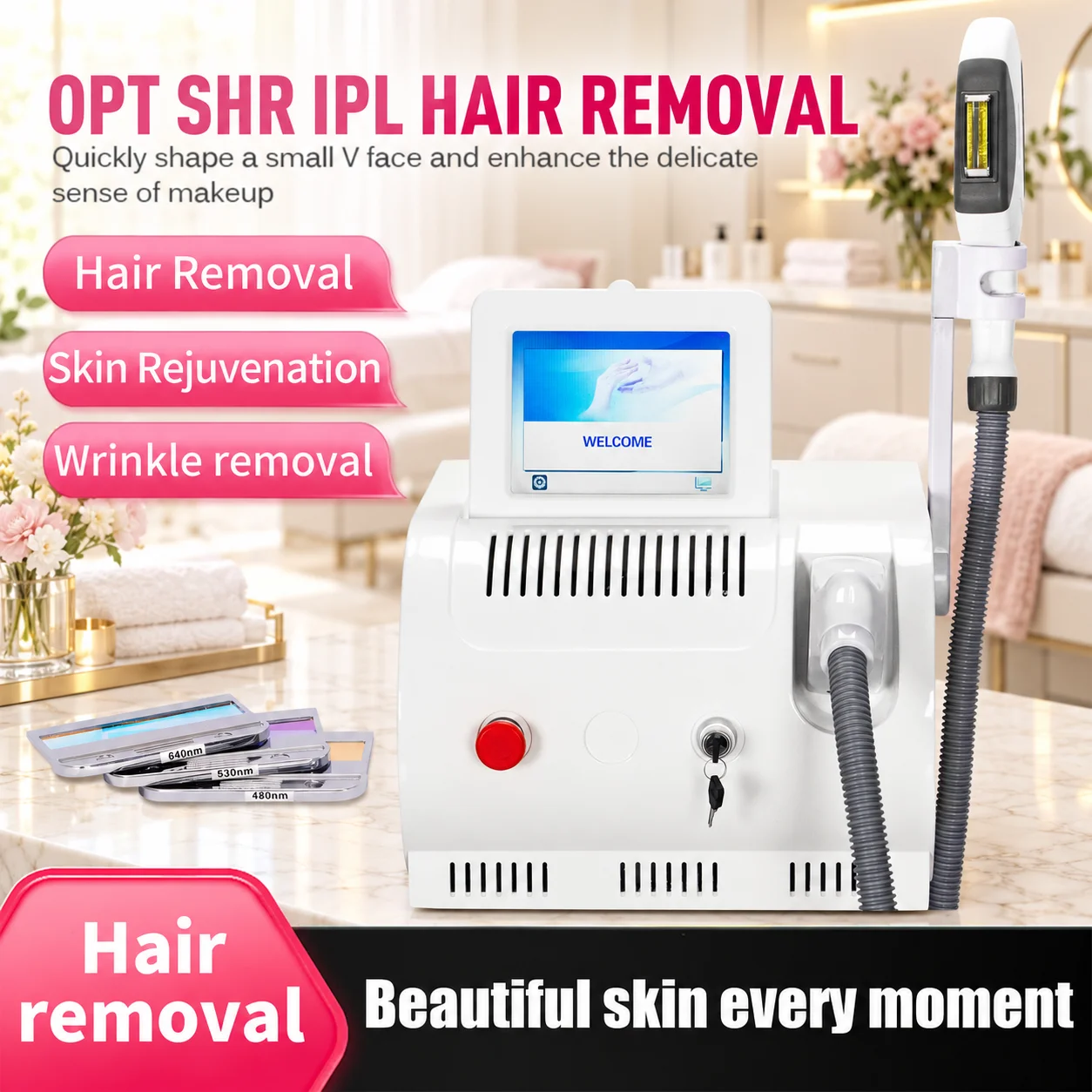 Portable IPL OPT E Light Hair Removal Machine Multifunctional Beauty Device for Skin Rejuvenation and Wrinkle Reduction
