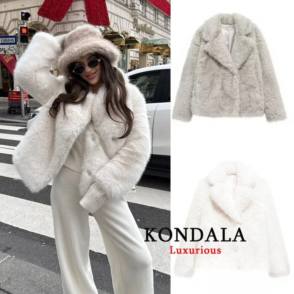 

KONDALA Casual Thick Solid White Fur Coats Women Long Sleeve V Neck Pockets Oversized Jackets Fashion 2025 Autumn Winter Coats