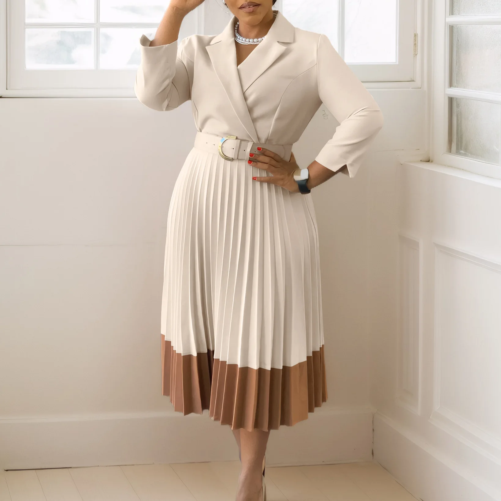 

Fashion High Waist Dress Full Sleeve Notched Neck Solid A Line Pleated Dress Elegant Office Lady Long Africa Midi Dresses