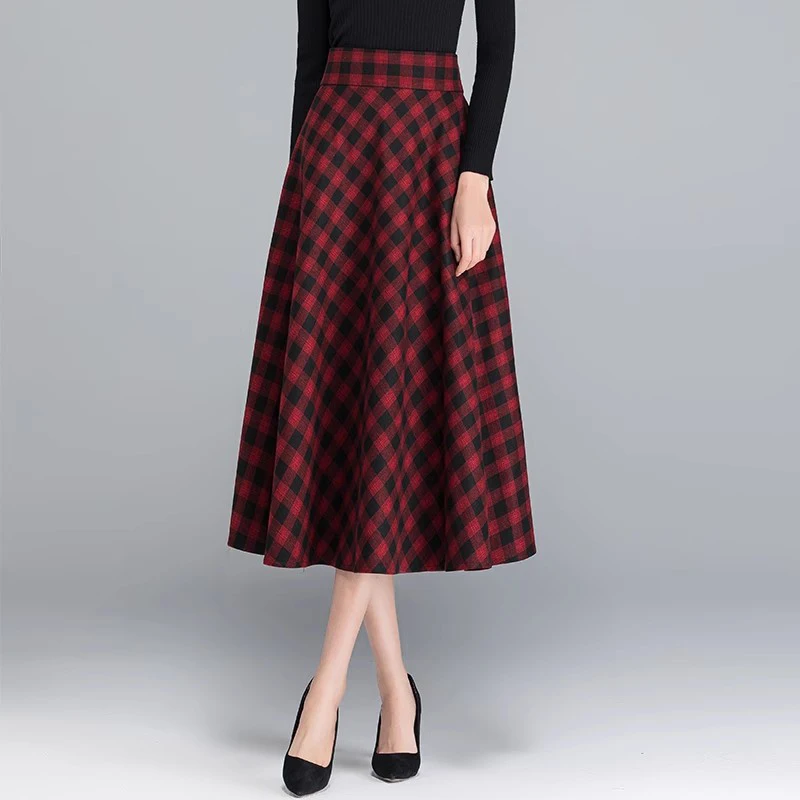 

New Women Red Plaid Woolen Skirt Autumn Winter Fashion High Waist A-line Loose Mid-Calf Skirt Simplicity Vintage Print Skirt