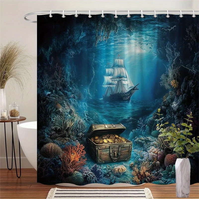 Mysterious Underwater Pirate Ship Treasure Cove Shower Curtain Ocean Deep Sea Adventure Bathroom Decor