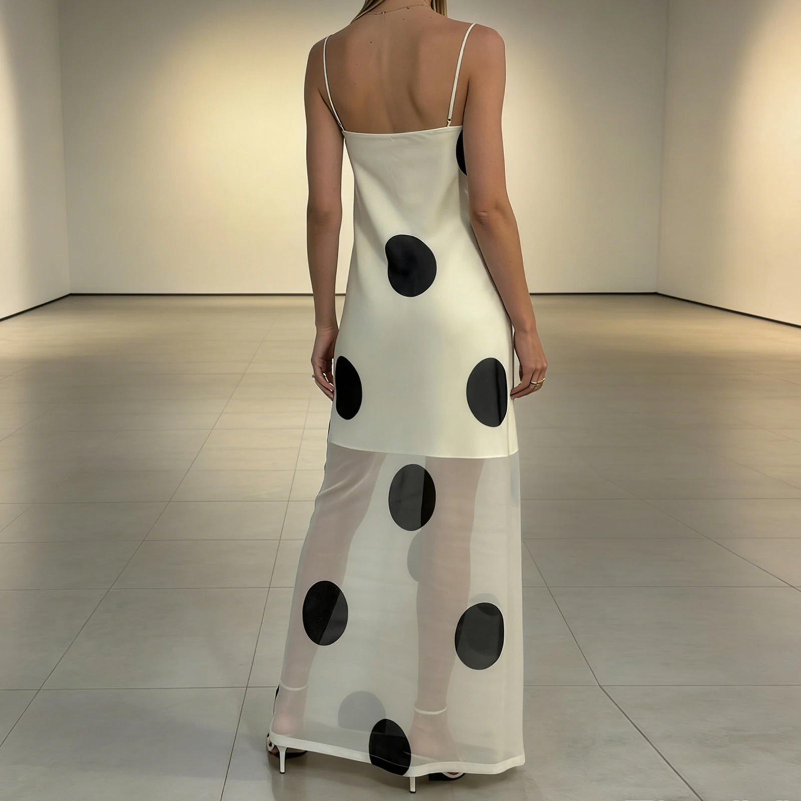 Frauen Sommer y2k Vintage Dots Print Mesh Sheer Maxi Kleid Ärmelloses Rückenfreies Spaghetti Strap Durchsichtig Club Party Cami Kleid