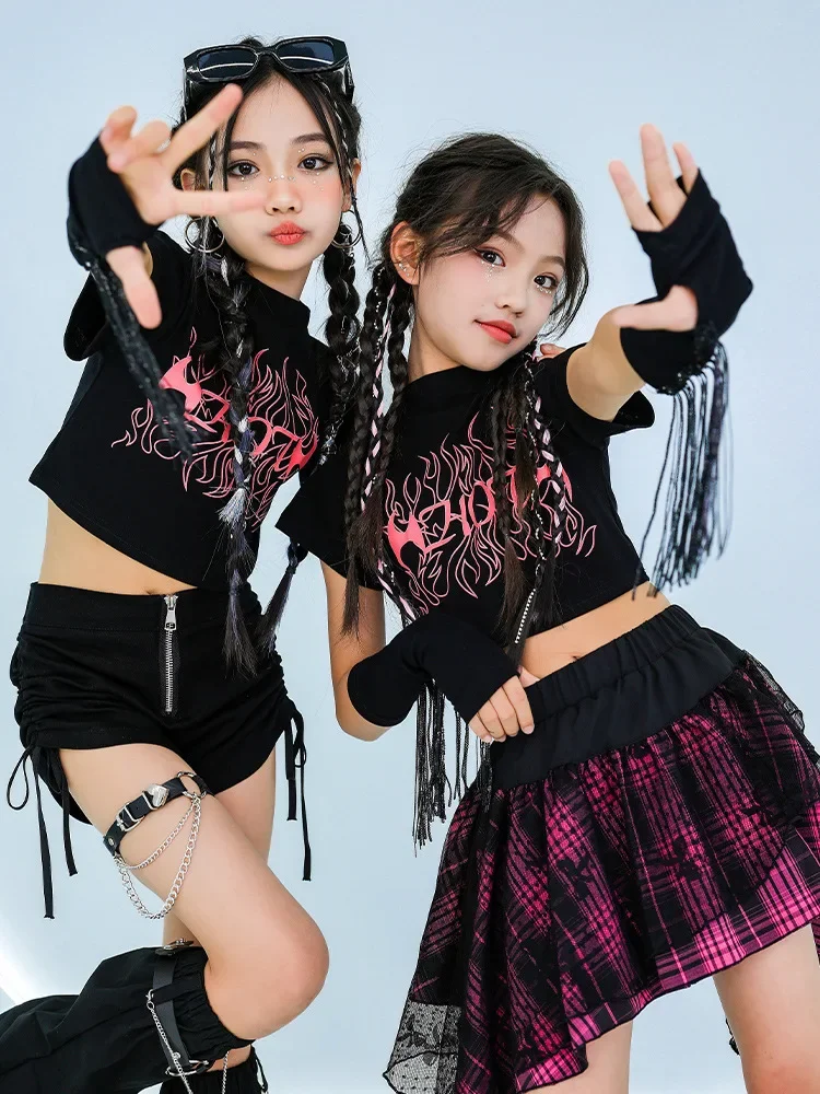Mädchen Kpop Jazz Dance Kostüm Schwarz Tops Hip Hop Shorts Rock Outfits Kinder Performance Kleidung Konzert Bühne Tragen