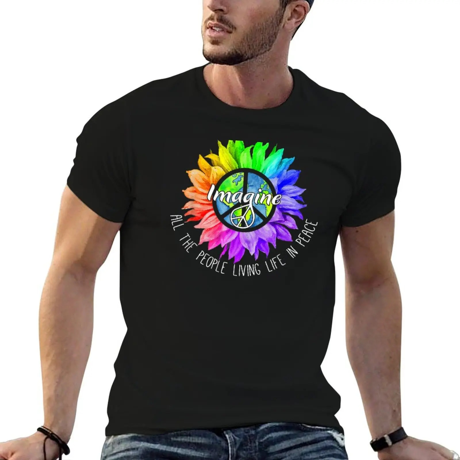 جميع الناس الذين يعيشون الحياة في السلام Lgbt مثلي الجنس عباد الشمس تي شيرت تي شيرت مخصص طباعة تي شيرت رجل عادي تي شيرت