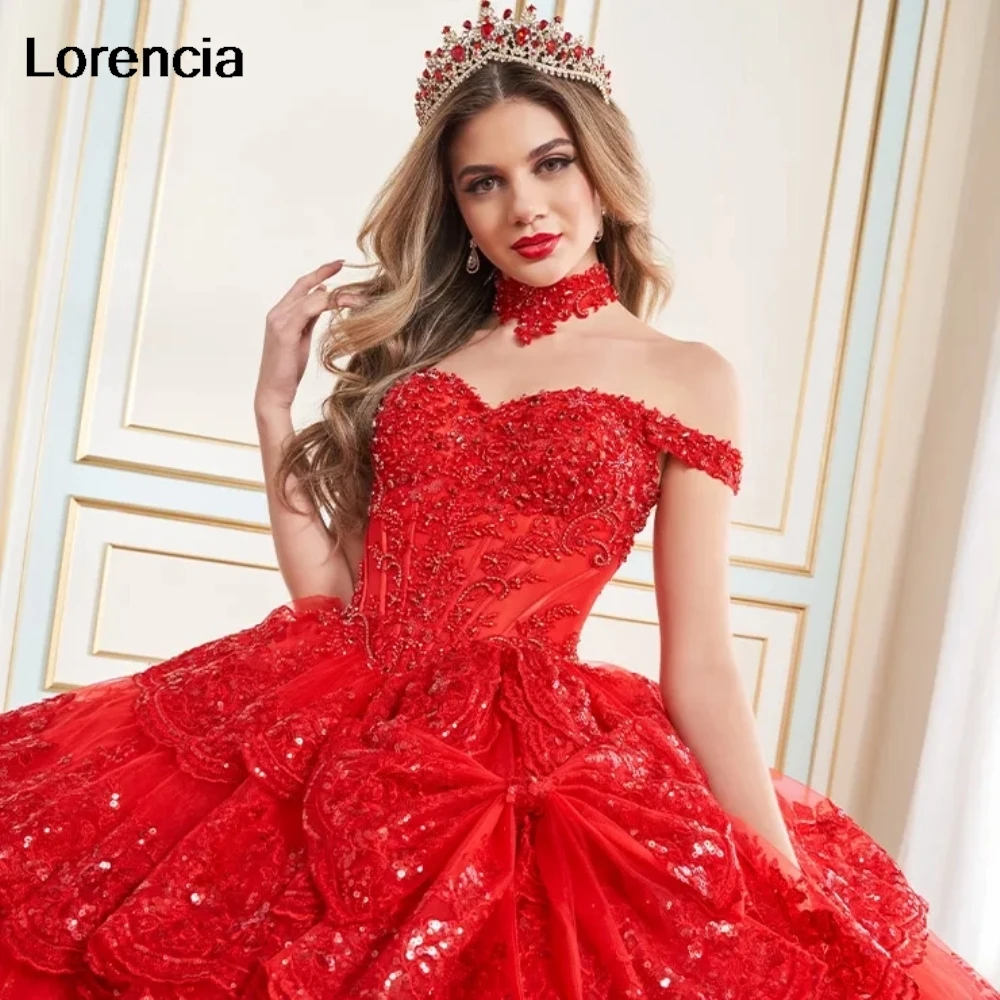 Lorencia-vestido De quinceañera rojo brillante, vestido De baile, lentejuelas escalonadas, apliques De cuentas, corsé dulce 16, 15 Años, YQD995