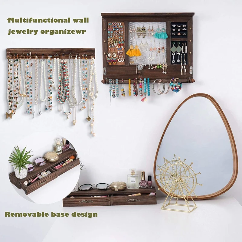 Jewelry Organizer Wall Mounted Jewelry Organizer Mesh Rustic Hanging Jewelry Holder For Earrings Necklaces With Drawer