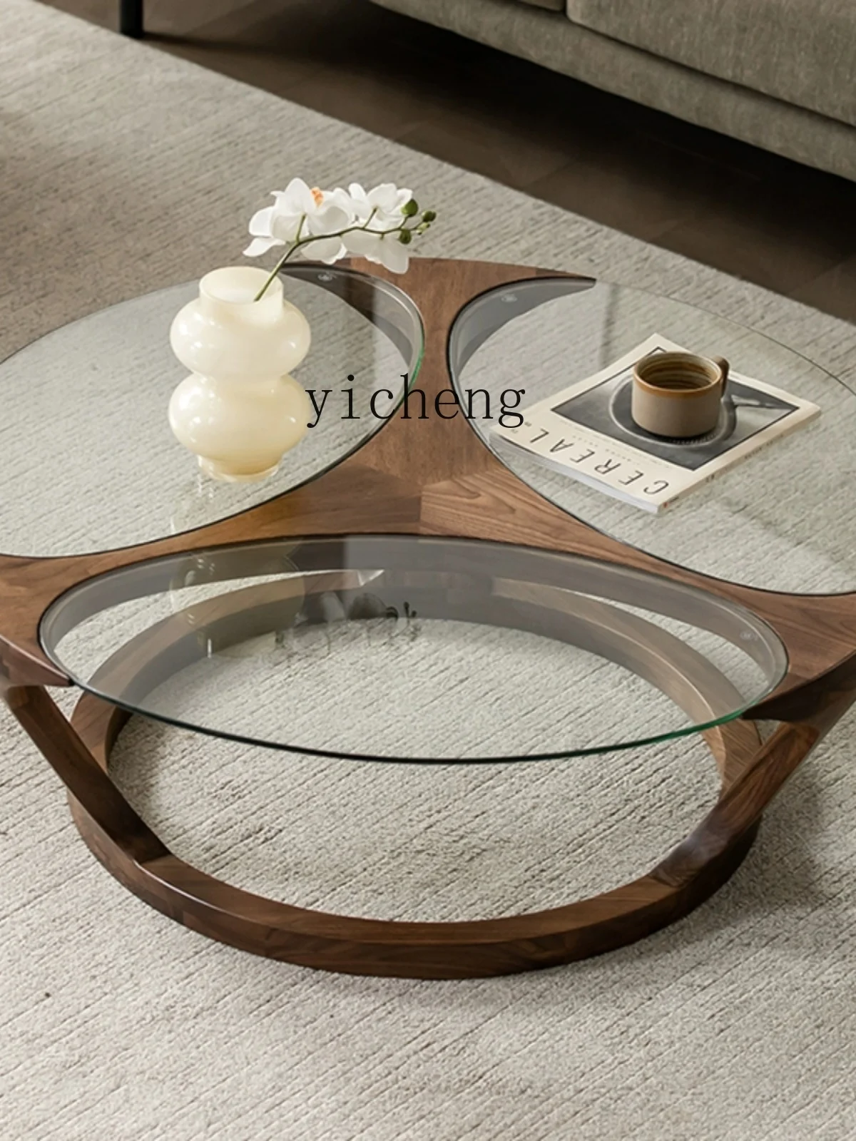 Zc Black Walnut Glass Shaped Tea Table Living Room All Solid Wood round Tea Table Sofa Side Table