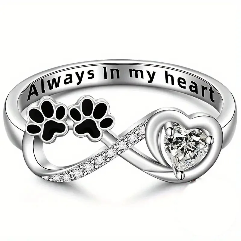 WOSIKATE Creative Puppy Paw Print Ring For Women 925 Silver Plated Exquisite Heart-Shaped Cat Paw Finger Ring Fashion Jewellery
