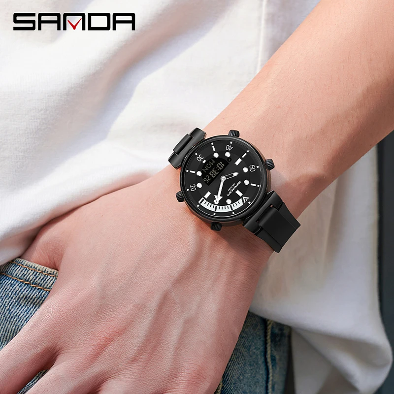 SANDA Men Watch Quartz Sports Watches Fashion Small Dial Men Watches Digital Dual Display Women Military Waterproof Wrist Watch