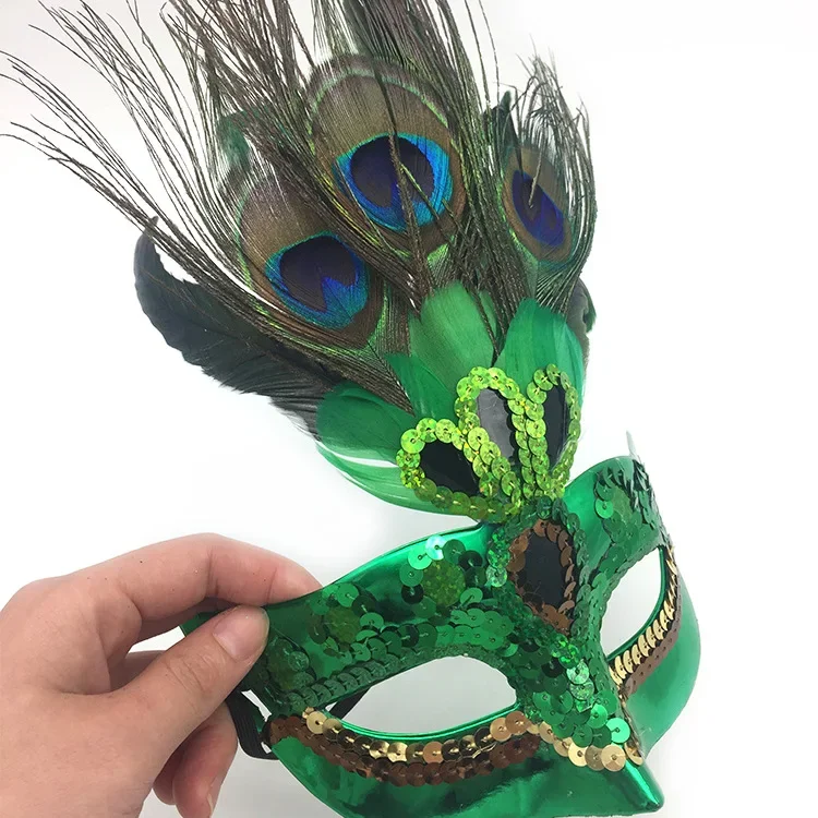 Masque de plumes de paon fait à la main, mascarade de noël, demi-visage, masque de fête d'anniversaire