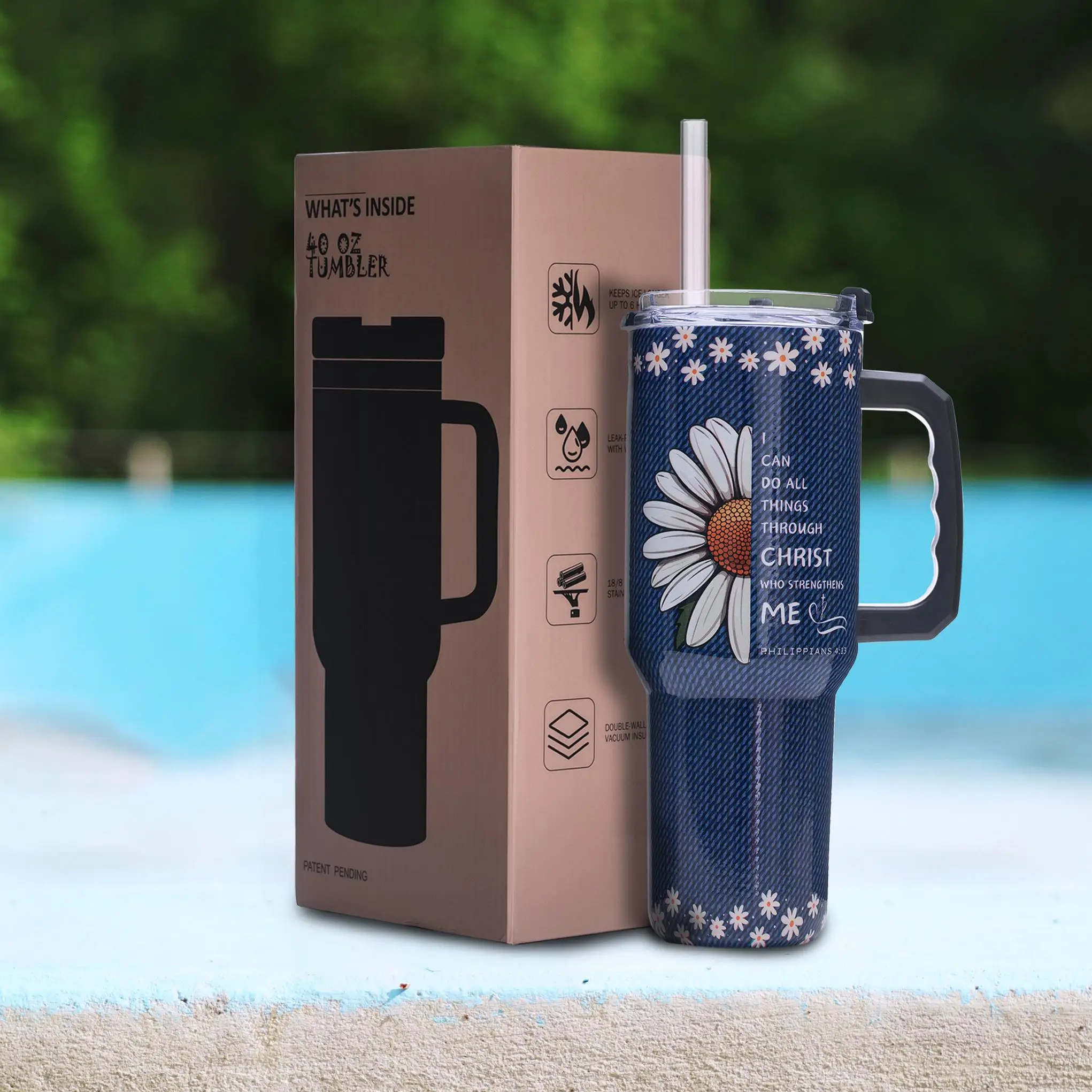 

Женский стакан из нержавеющей стали «Вера и цветочный», 40 унций, кружка с вакуумной изоляцией и ручкой, христианская цитата и искусство ромашки