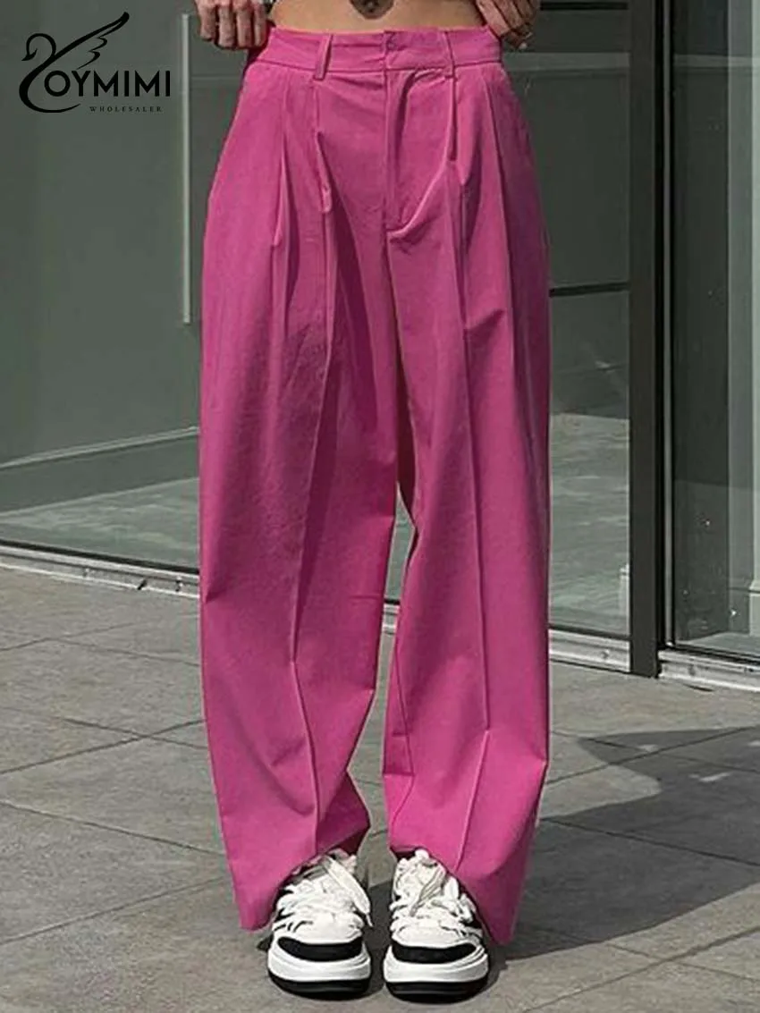 

Oymimi Casual Rose Pink Simple Women's Pants Fashion Low Waisted Pockets Trousers Elegant Solid Full Length Pants Female Clothes