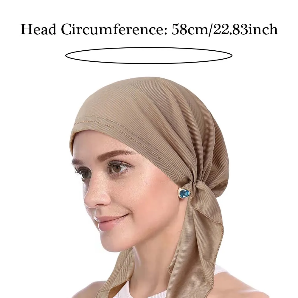 Solid Color Stripes Turban Hijab Hats Long Tail Head Wraps Elastic Muslim Hats Breathable Chemo Cap For Women Girls