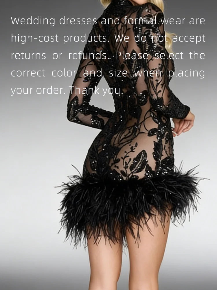 エレガントなハイカラーアップリケフルスリーブフェザーミニフォーマルイブニングドレス誕生日パーティープロムドレスカスタマイズ