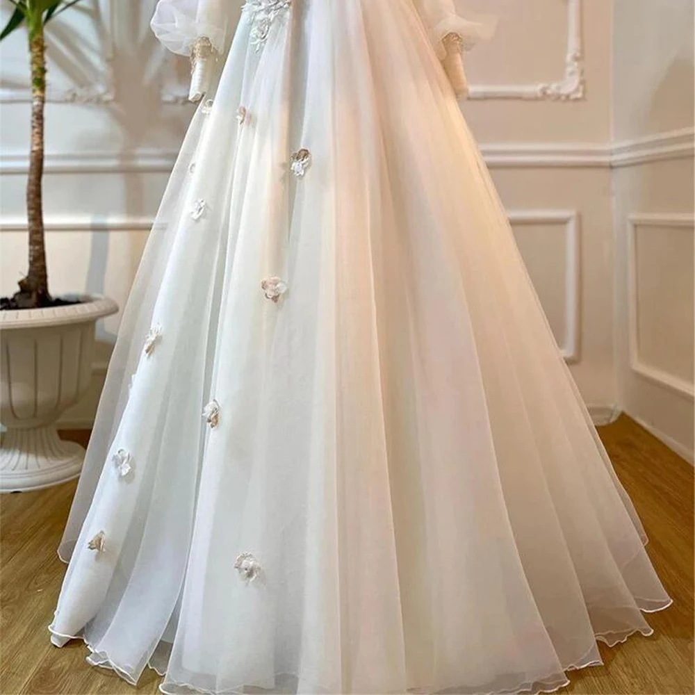 Vestido de quinceañera musulmán blanco elegante, manga larga, cuello alto, Apliques de encaje, flores 3D, vestido de fiesta para ocasiones especiales, 2024