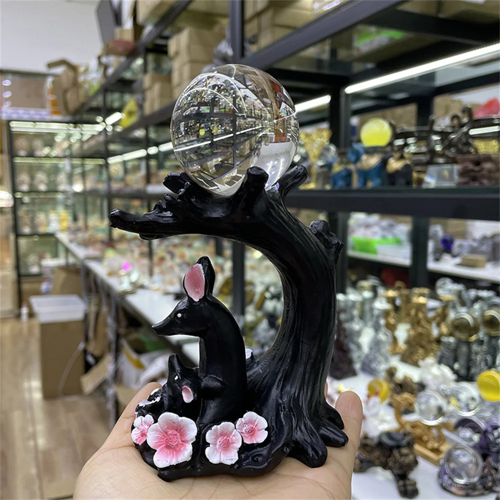 Sika Deer Sculpture Sphere Holder Crystal Ball Display Stand Resin Tree Figurine Bedroom Office