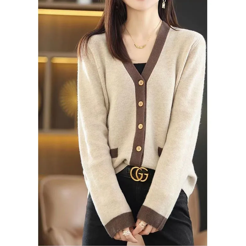 Korean Fashion Panelled Knitted Cardigans Sweaters Autumn Winter New Women\'s Clothing Loose Warm Long Sleeve V-Neck Casual Coats