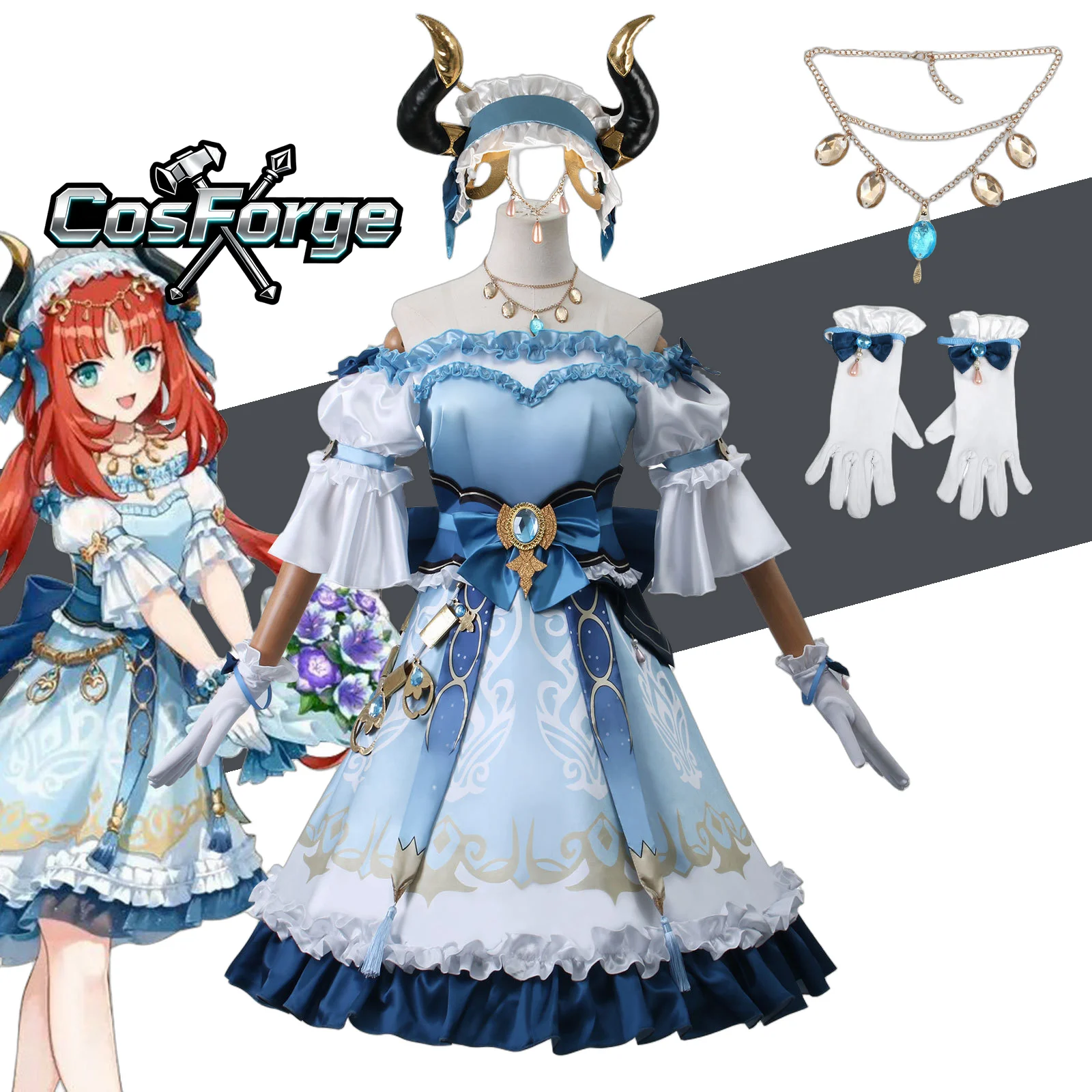 

Nilou Genshin Impact Cosplay Costume Lolita Maid Uniform Blue Daily Wear Girls Party Carnival Outfit