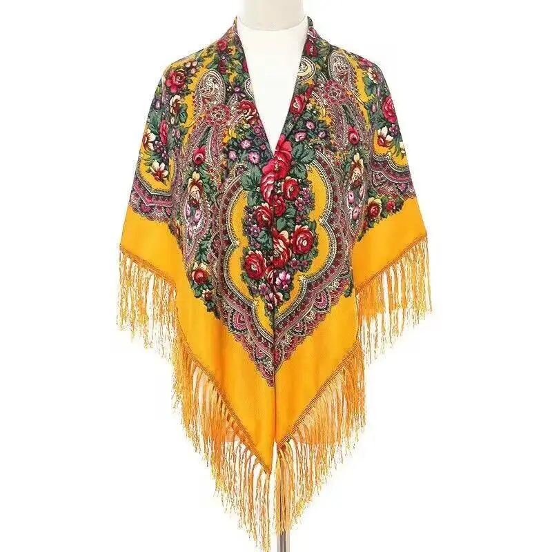 Ukrainian Embroidery Square Shawls Russian Scarf Babushka Retro Fringed Cotton Bandana Winter Scarf Woman Wrap Hijab Poncho Cape