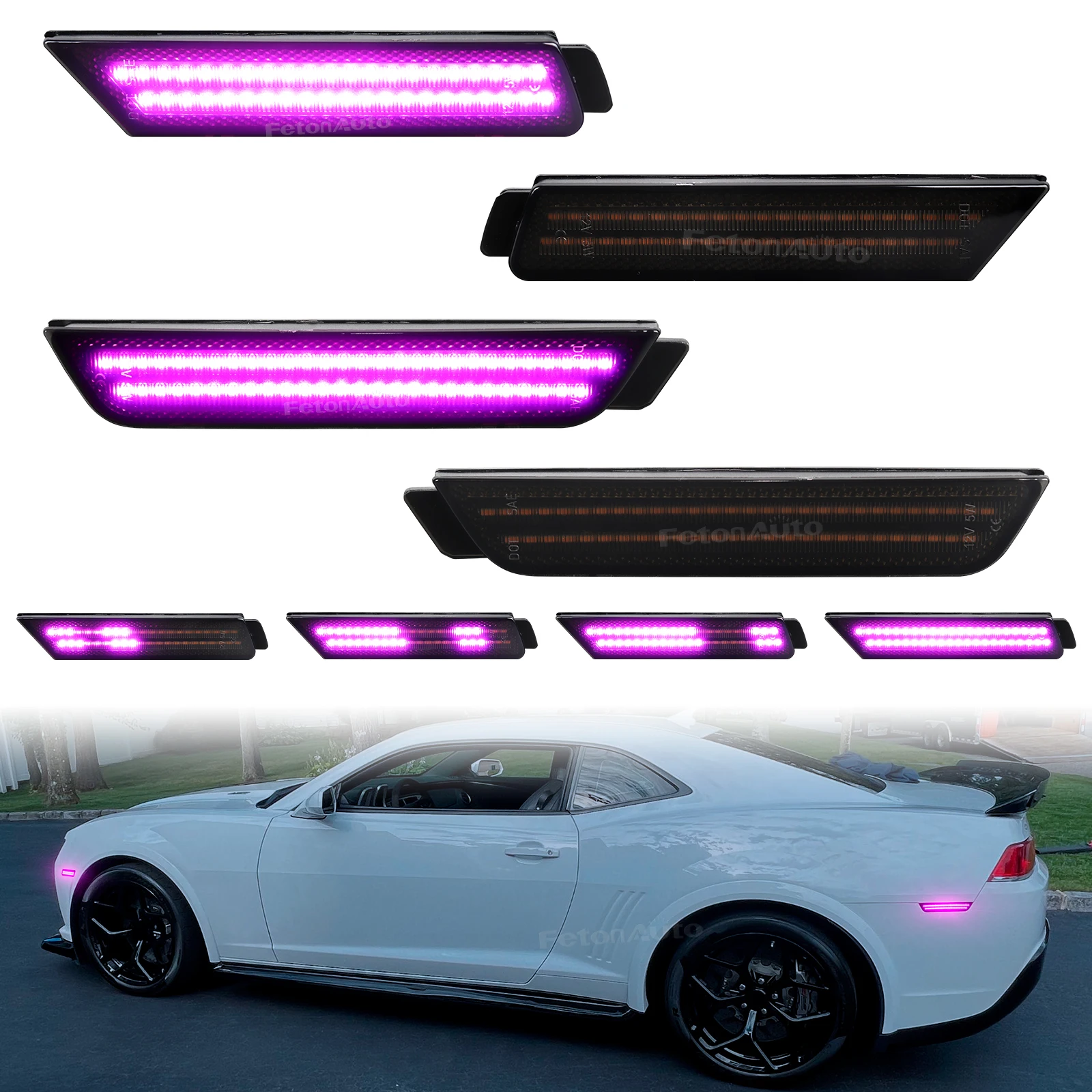 4pcs LED Dynamic Pink Purple Car Lamps Front & Rear Bumper LED Side Marker Light For Chevrolet Camaro 2010-2015