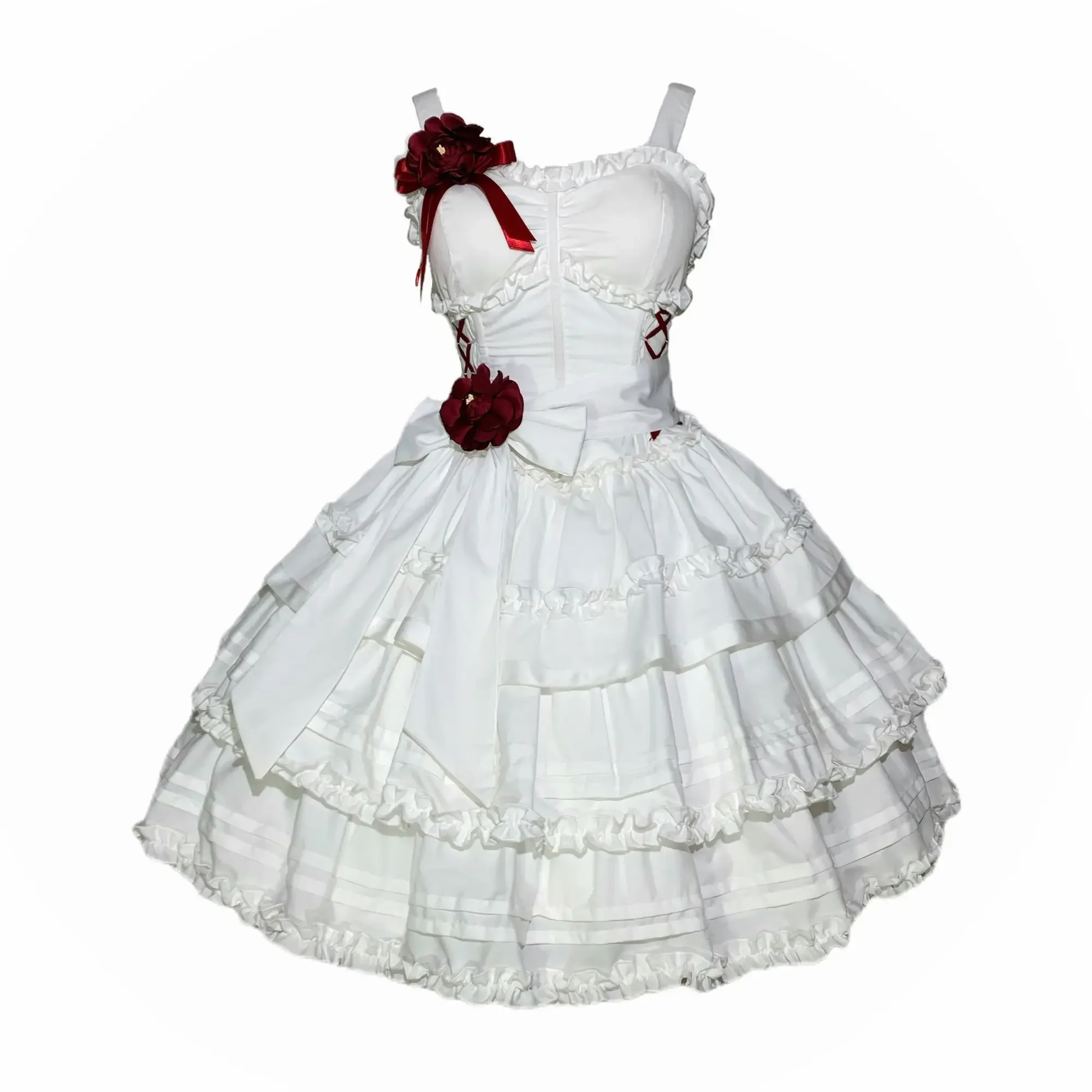 Sweet White Lolita Jsk Dress Victorian Retro Women Elegant Lace Butterfly Sleeveless Flower Wedding Party Dress Kawaii Vestidos