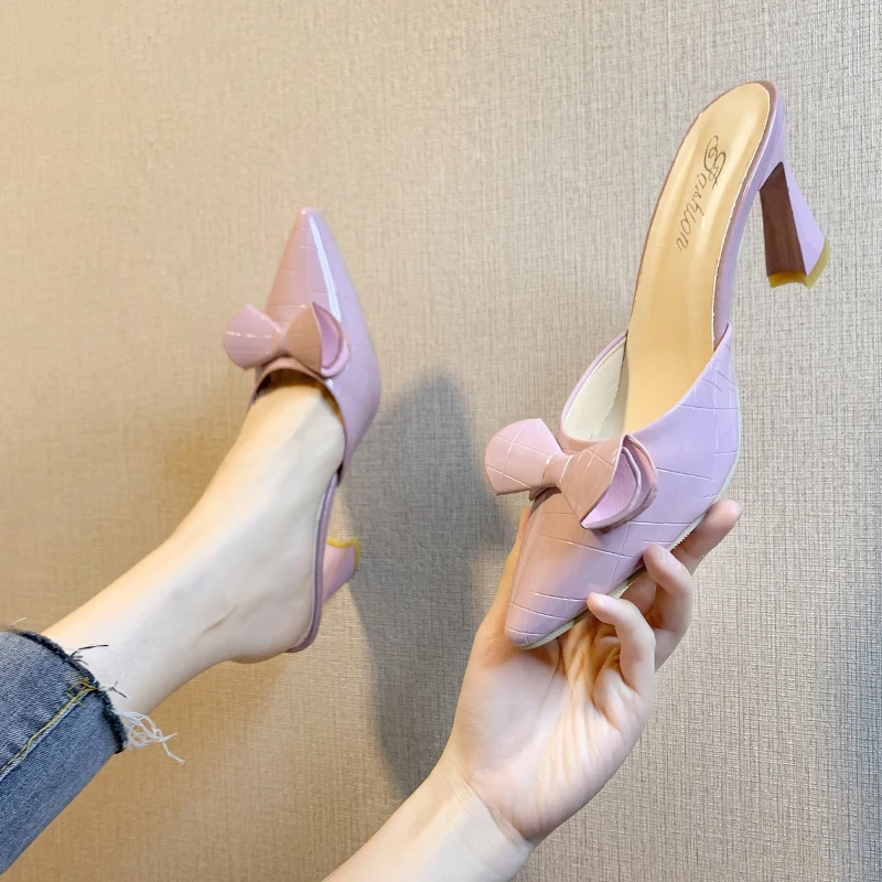 2025 New Spring and Summer Beautiful and Fashionable Women's Shoes Bow Design High Heel Half Slippers