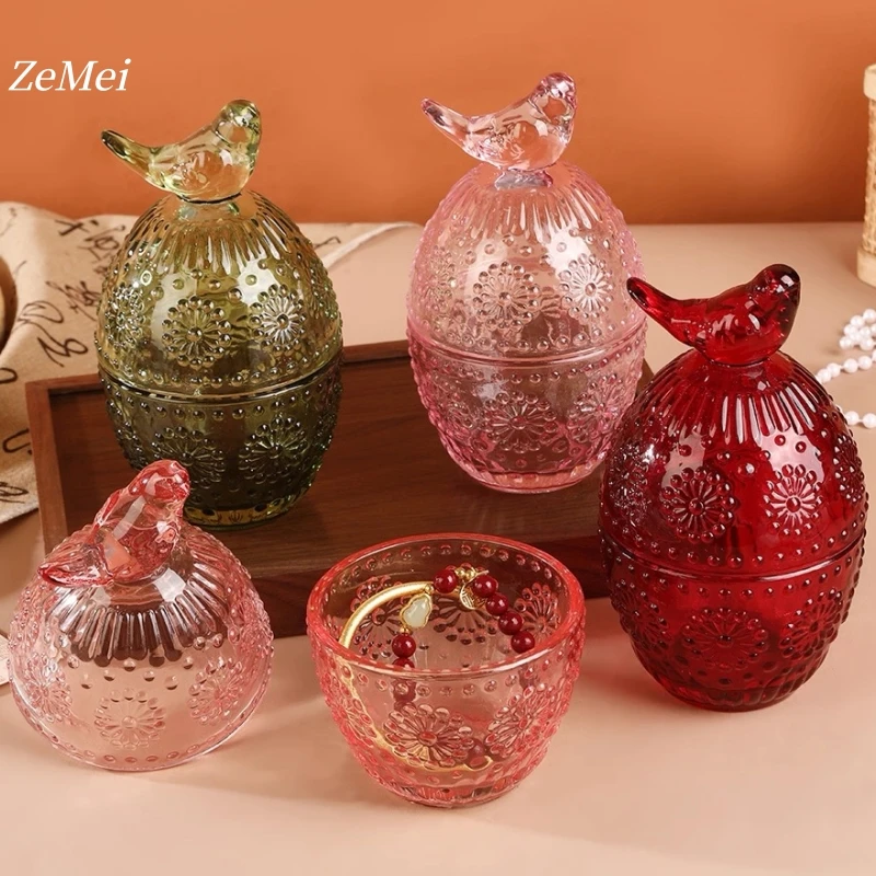 European-Style Crystal Glass Candy Jar,Jewelry Organizer Glass Jar Carving Bird Shape With Lid Candy Container Home Decoration