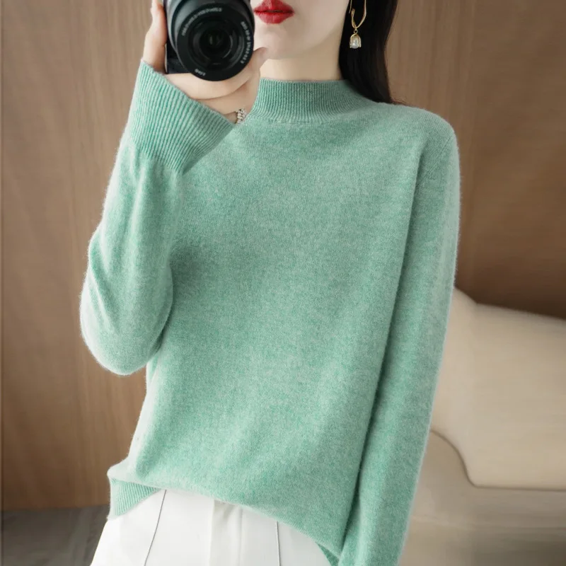 Women's Wool Blend Knitted Sweater Solid Loose Navy Beige Pink Black Winter Clothing for Women Simple Fashion Korean Style