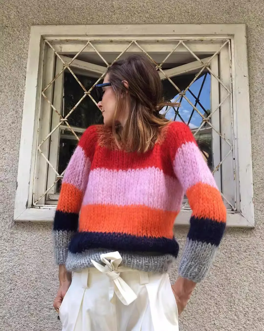 Instagram's Super Hot Top Women's Autumn European and American Big Brand I Color blocking Fashion Versatile Mohair Sweater Handw