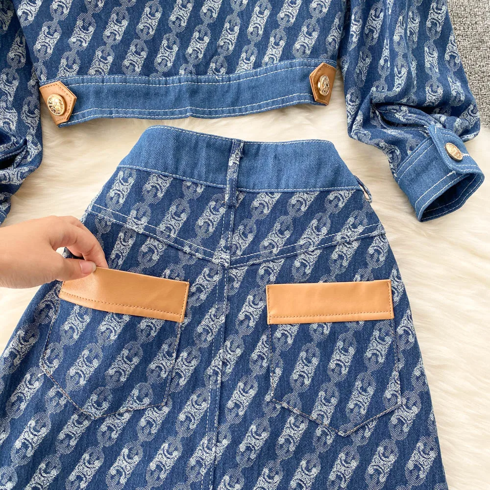 New Spring Women Design Print Denim Set Turndown-Collar Slim Short Outerwear+High Waist A-line Short Skirt Two Piece Suits