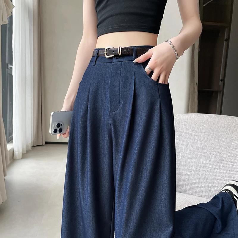 Denim Wide-leg Pants for Women 2025 Spring Summer New High-waist Loose Straight Jeans Woman Women's Youthful Clothes 90s Vintage