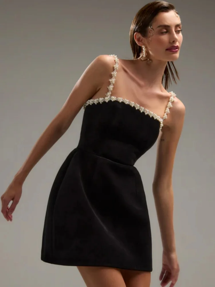 

Black Color Women Sexy Strap Square Collar Beading Straight Mini Bandage Dress Elegant Evening Party Red Carpet Outfit