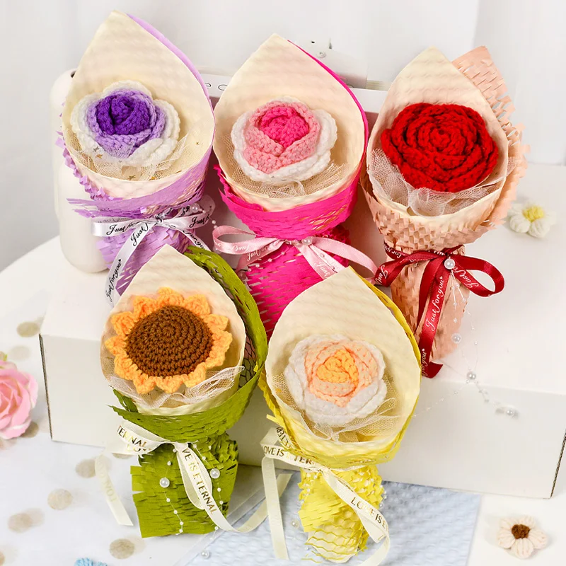 

Handmade Knitted Bouquet Tulip Rose Knitted Yarn Artificial Flower Simulation Flower Birthday Gift Ornament Home Decor