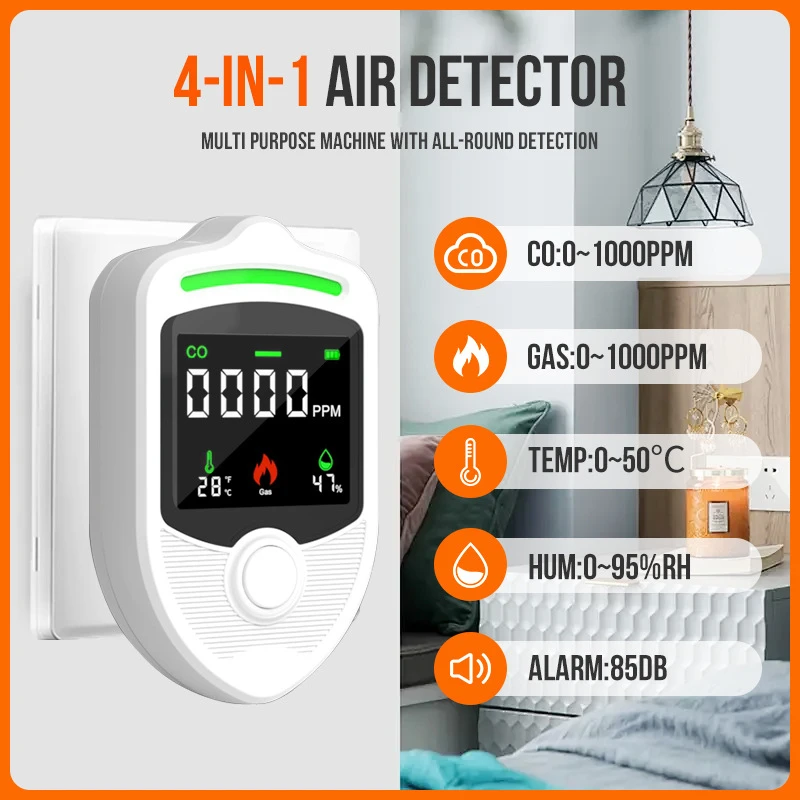 الغاز درجة الحرارة والرطوبة CO أربعة في واحد الجدار كاشف الإدراج تسرب الغاز القابل للاحتراق أول أكسيد الكربون CO أداة جديدة