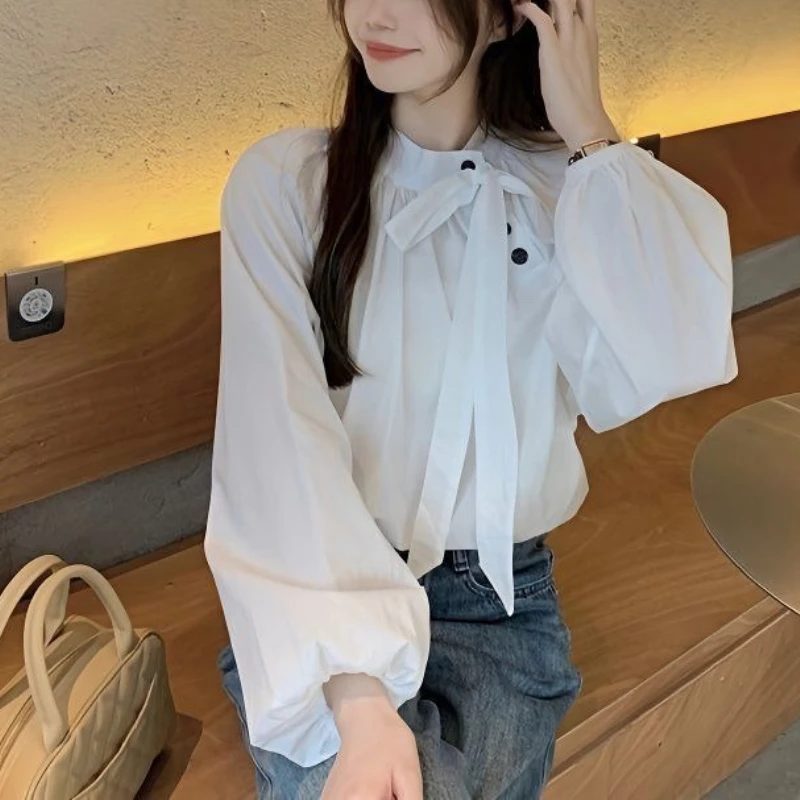 

Stand Collar, Elegant, Oblique Button, Loose Long-sleeved Shirt, 2025 New Style, Lace-up, Bowknot Top