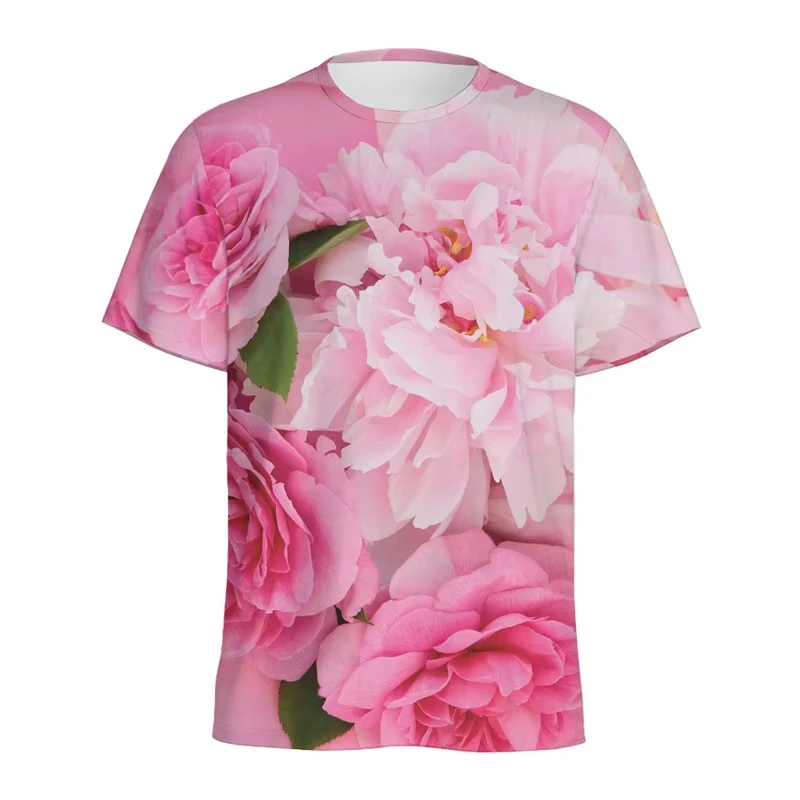 Red Flowers Rose 3D Printing T-shirt Romantic Funny Short Sleeve  Round Neck T Shirt Men's Wear 2024 Summer New Breathable Tee