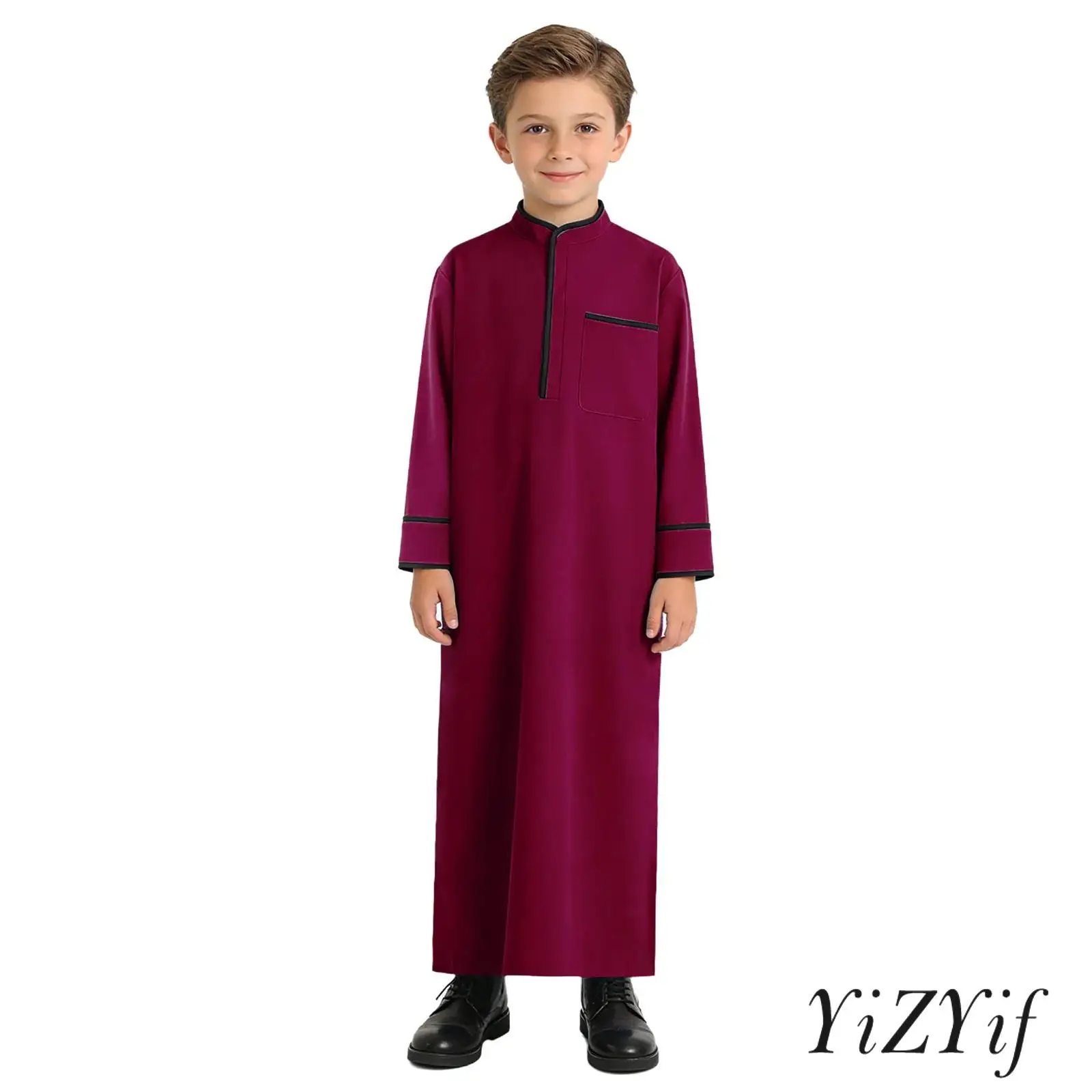 

Kids Boys Muslim Thobe Arabic Middle East Loose Loose Kaftan Long Sleeve Stand Collar Contrasting Color Trim Robe with Pocket