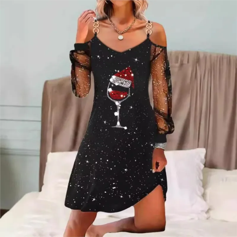 

Women's Autumn Winter New Fashionable Christmas Wine Cup Splicing Printed Sexy Mesh Strap Off Shoulder Dress