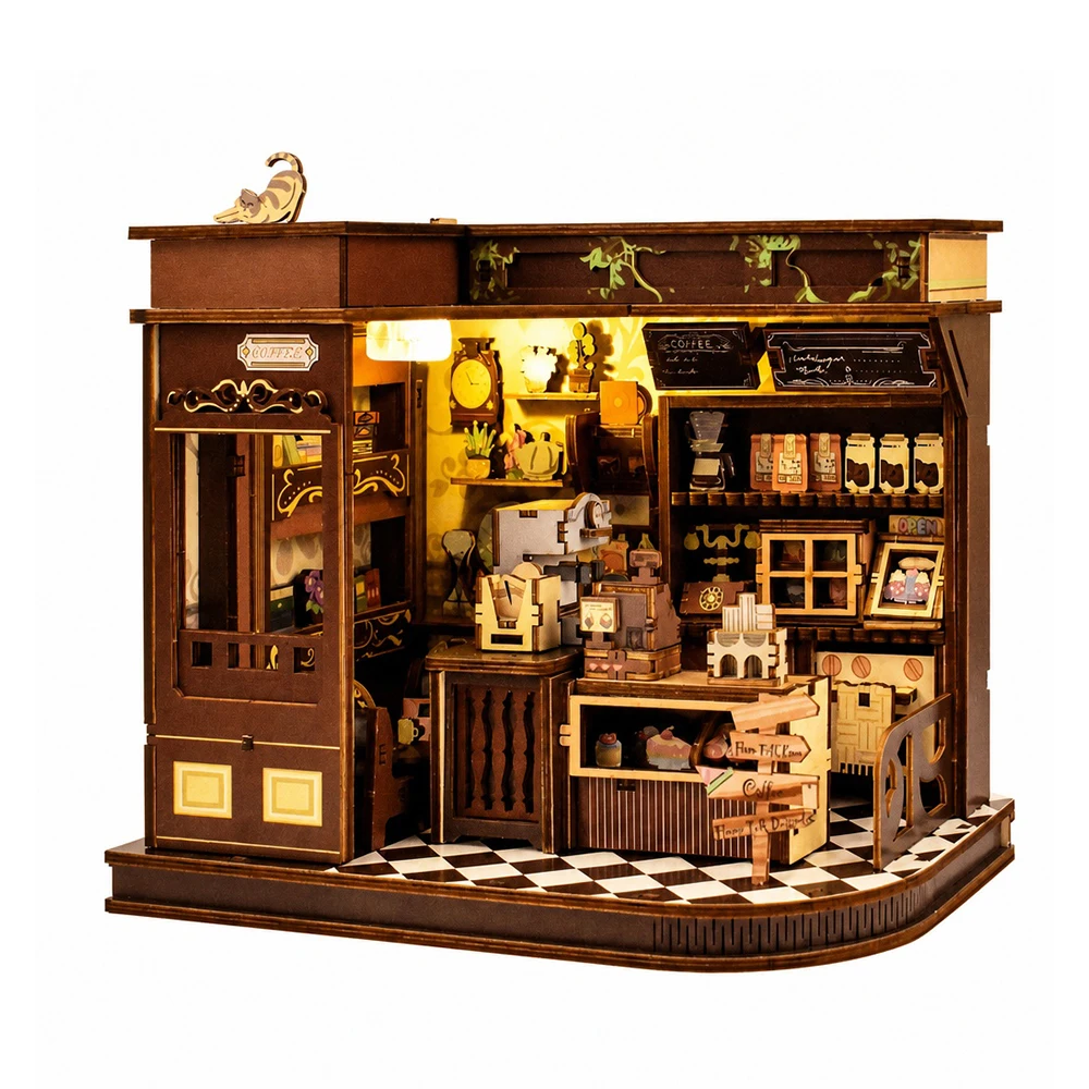 DIY Kaffeehaus-Bausatz mit LED-Beleuchtung, 3D-Holzpuzzle, Mini-Puppenhaus, Kaffeehaus-Bausatz, Bastelgeschenk für Erwachsene und Jugendliche
