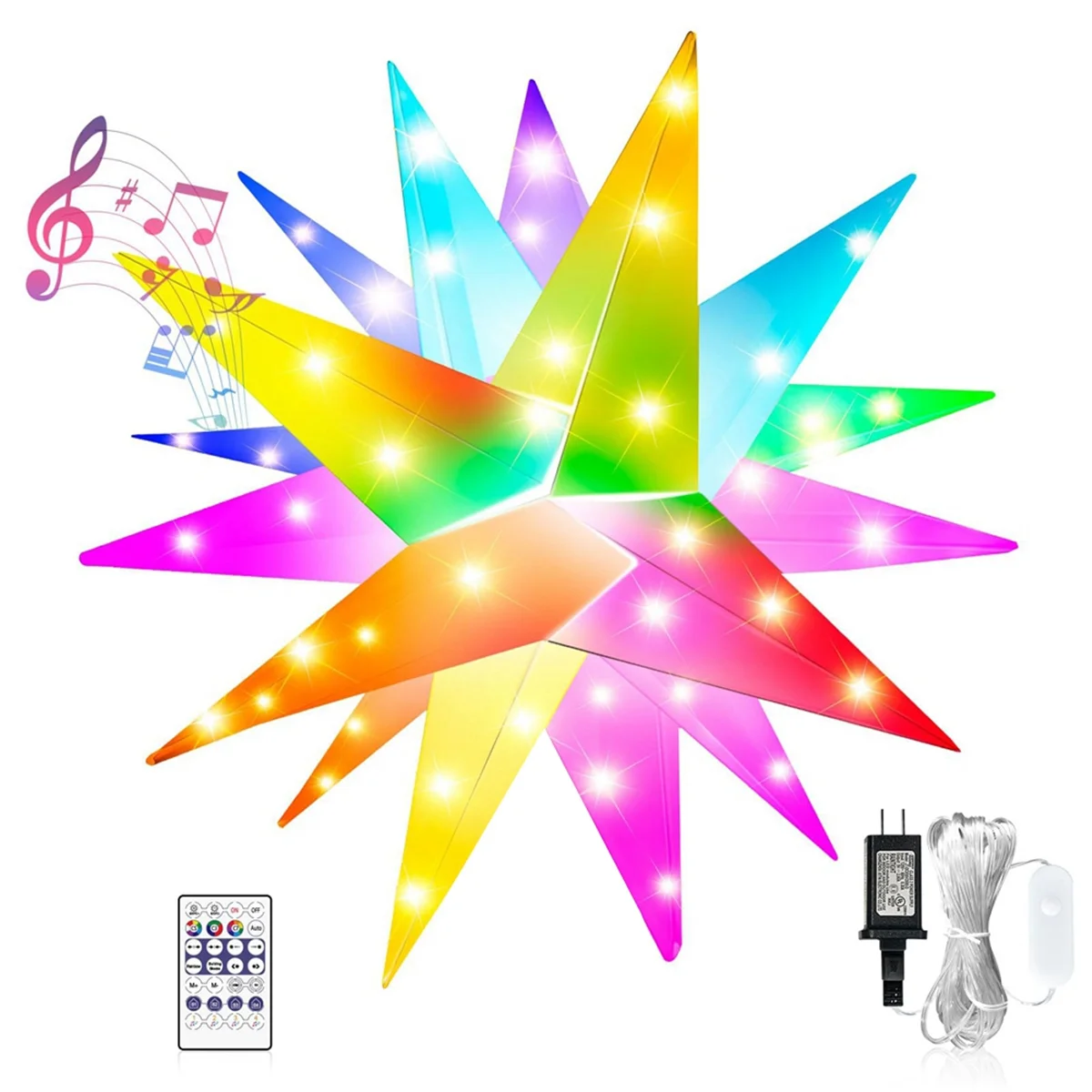 Inteligente 3D LED Star Light, RGB, Árvore de Natal, Luzes remotas, Pingente de música, Varante, Decoração ao ar livre, US Plug B