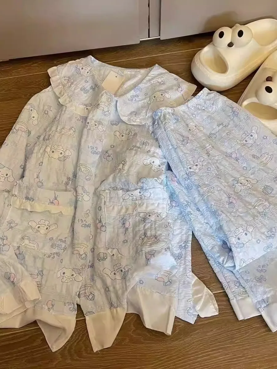 

Комплект женской домашней одежды из хлопка с длинными рукавами, большой размер, 300 г/м², с милым синим мультяшным принтом собаки-клоуда, 2 предмета