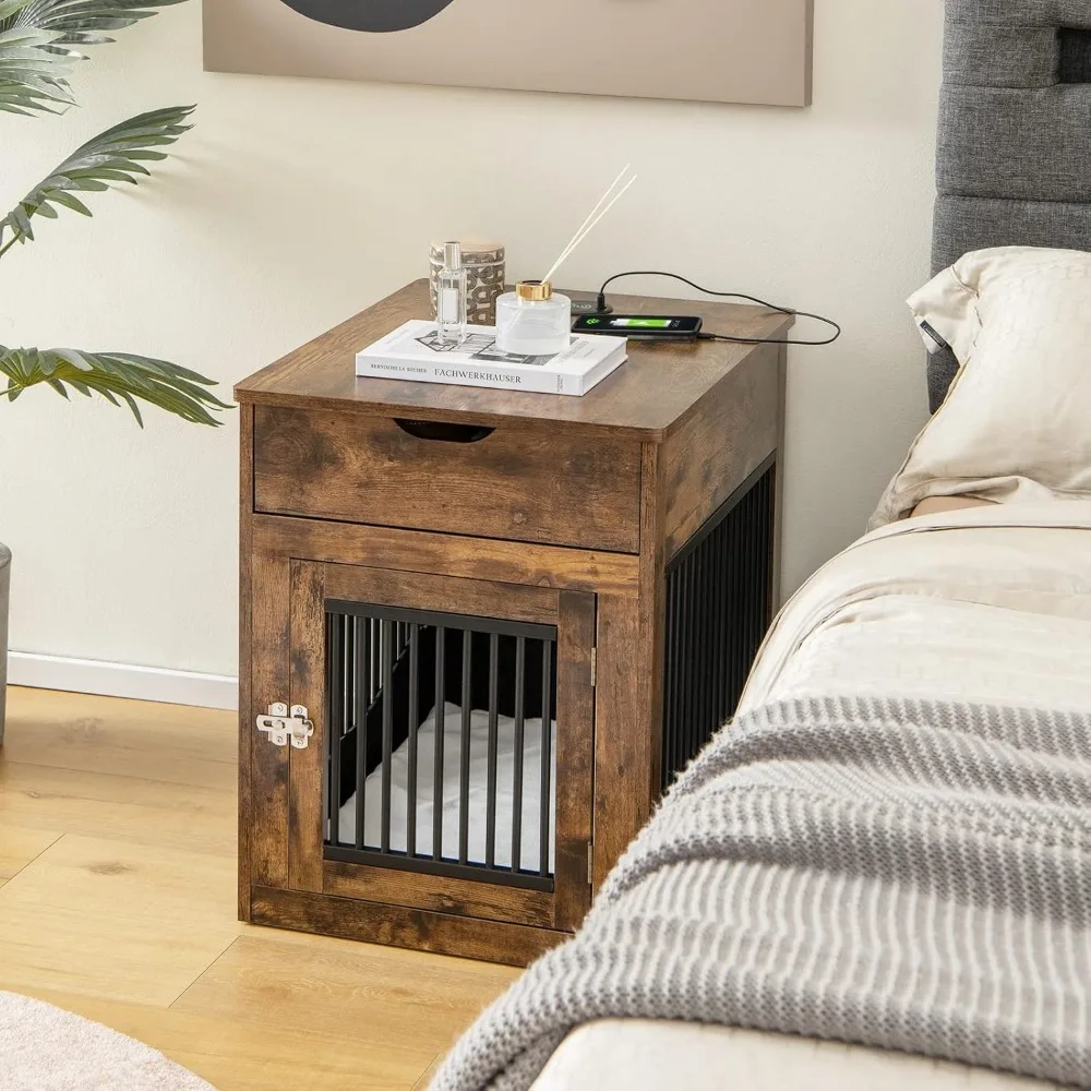 Furniture Style Dog Crate, Decorative Dog Kennel End Table with USB & Wireless Charging Station, Storage Drawer, Indoor